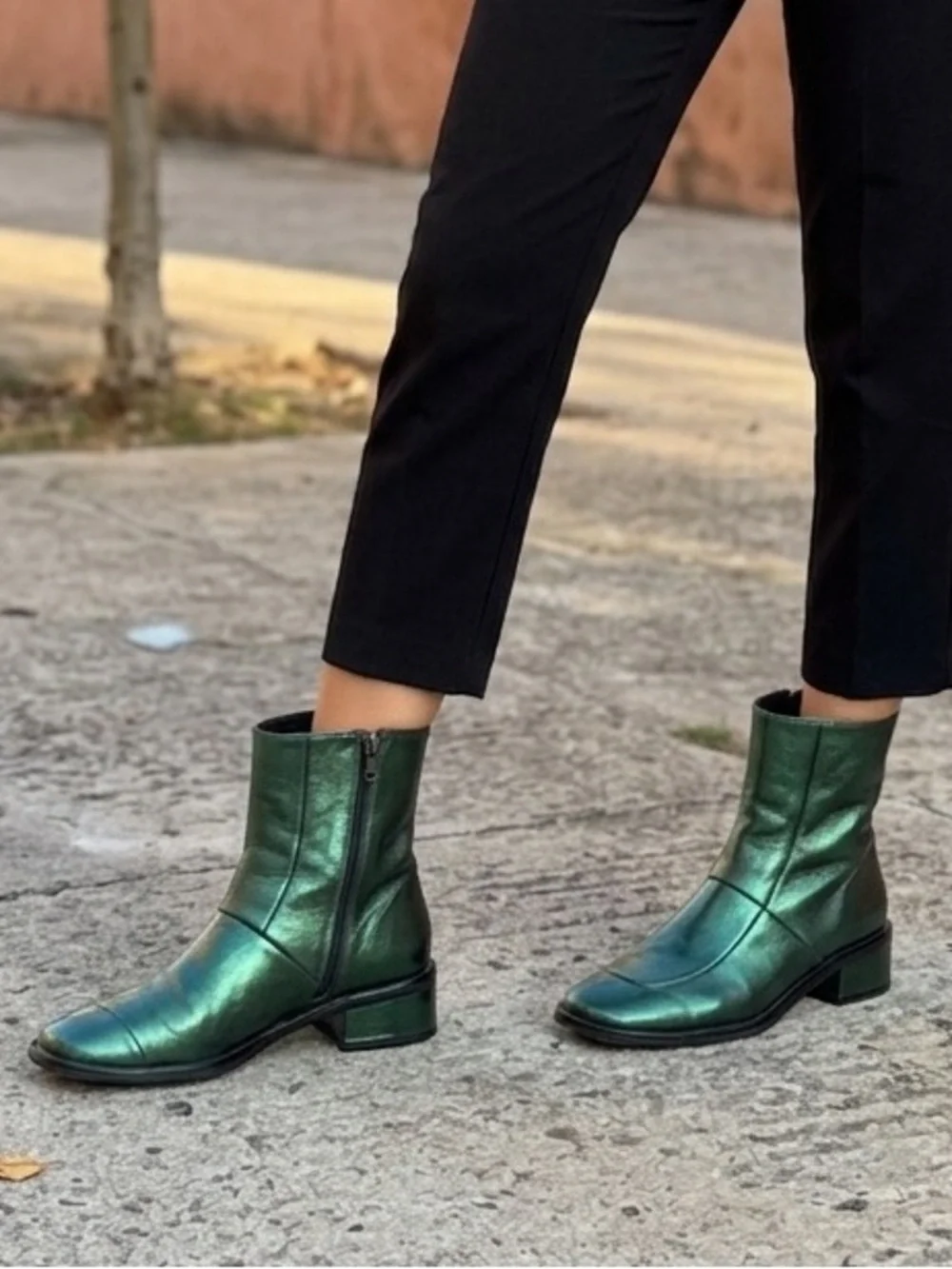 L-Intervalle Metallic Emerald‎ Green Stitched Ankle Boots Low Block Heel Zipper